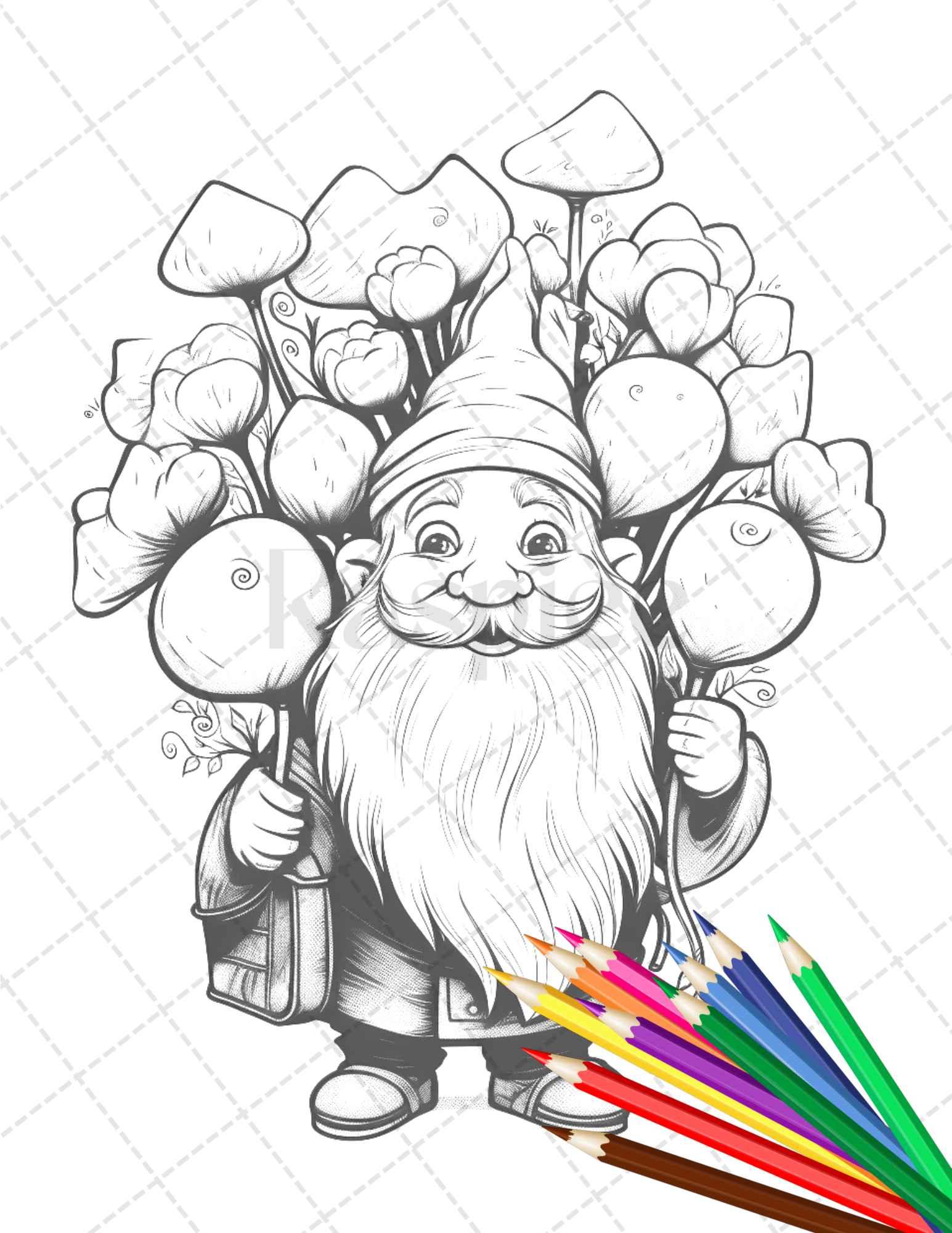 33 Gnome Love Coloring Pages Printable for Adults, Grayscale Coloring Page, PDF File Instant Download