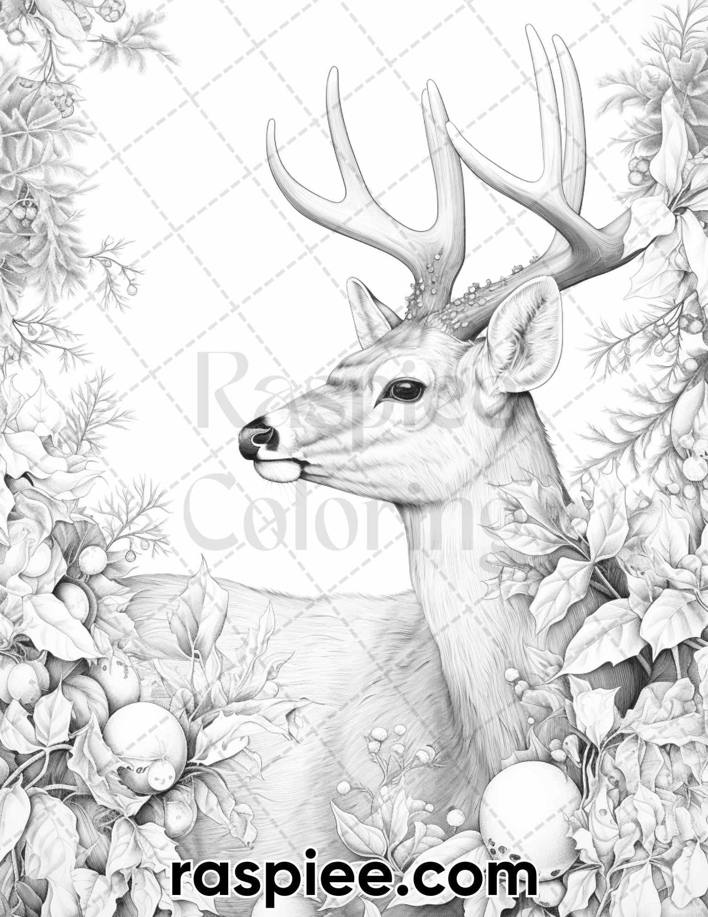 50 Christmas Deer Grayscale Coloring Pages for Adults, Printable PDF Instant Download