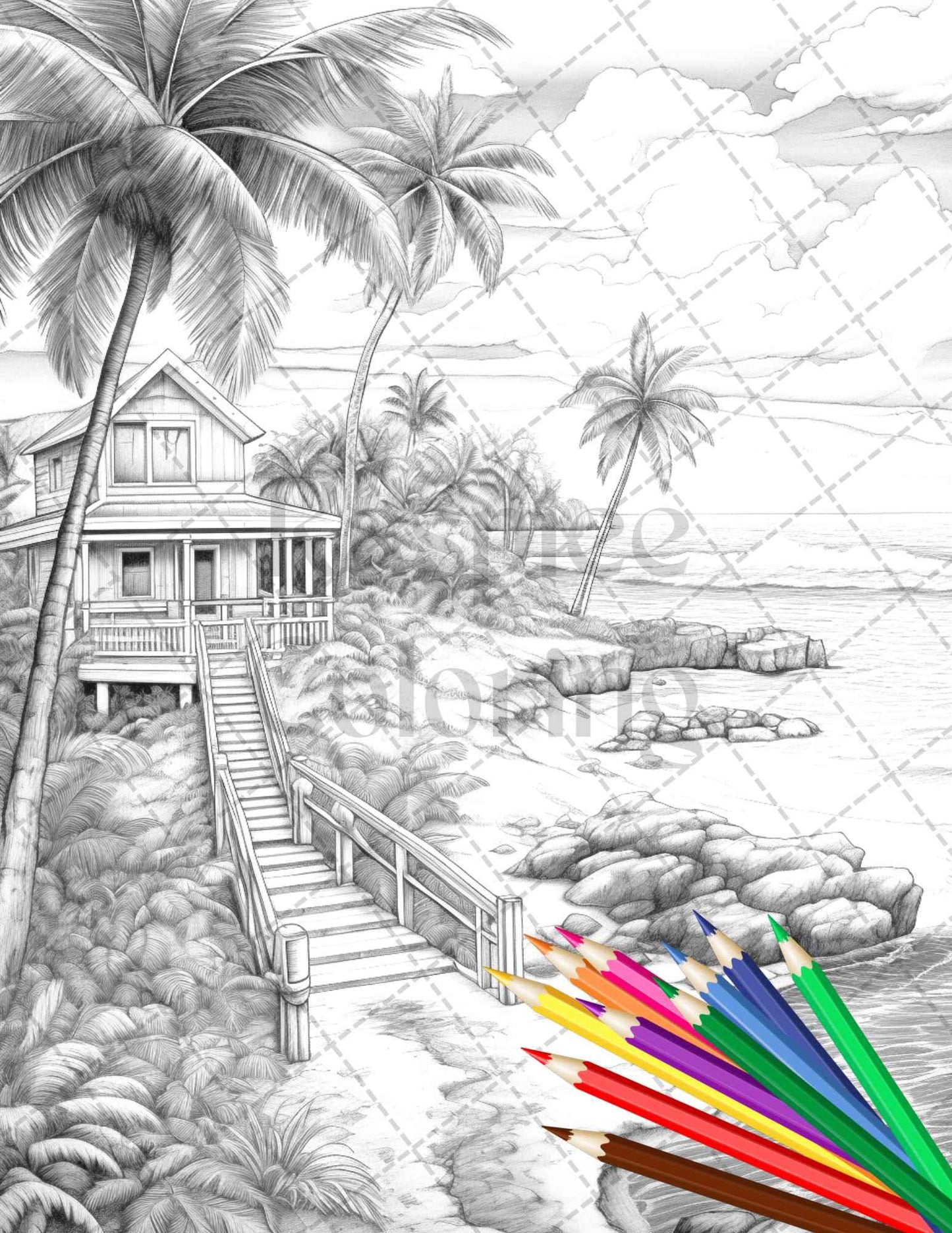 Beautiful Tropical Beach Grayscale Coloring Pages Printable for Adults, PDF File Instant Download