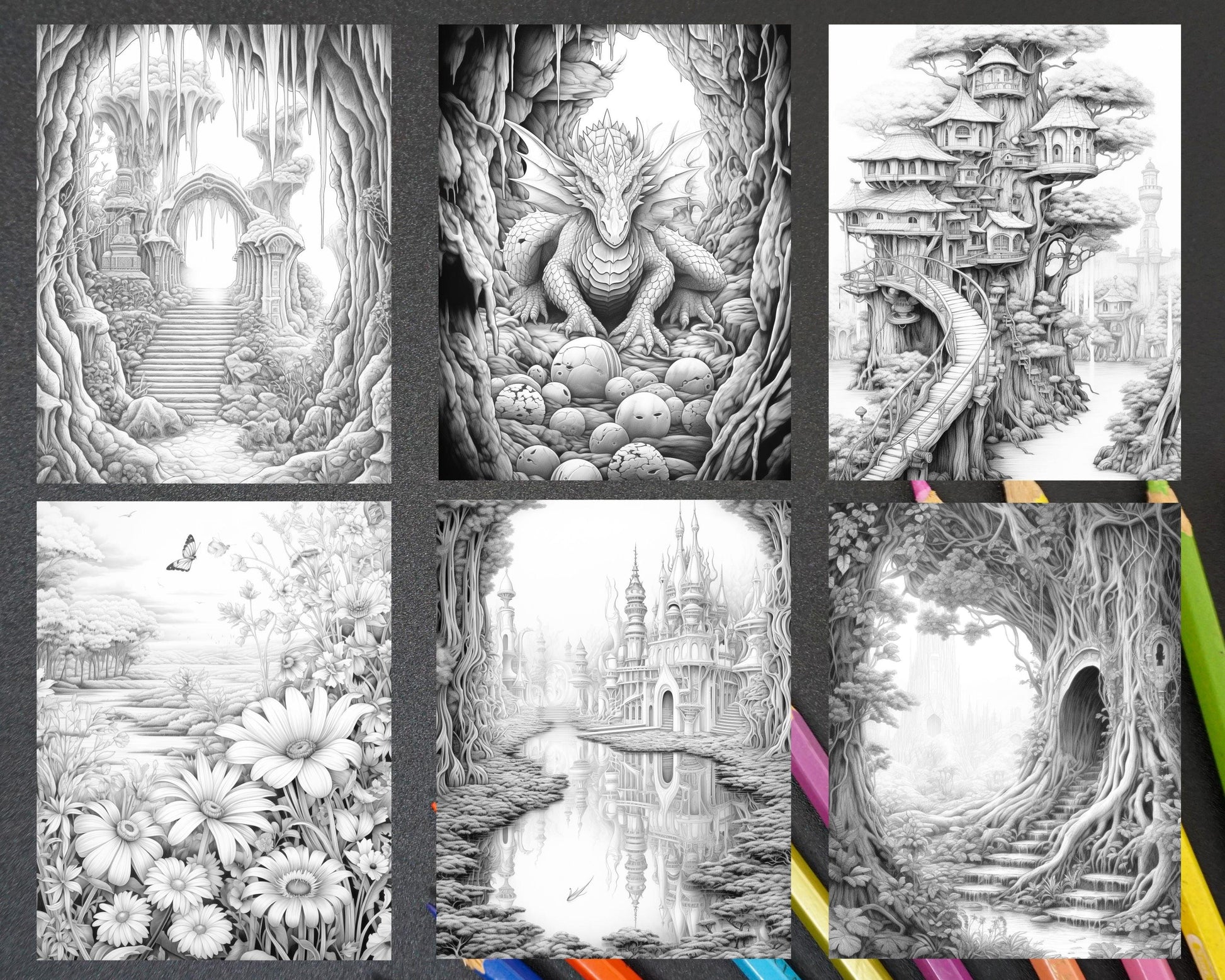 55 Mystical Forest Grayscale Adult Coloring Pages, Printable PDF Instant Download