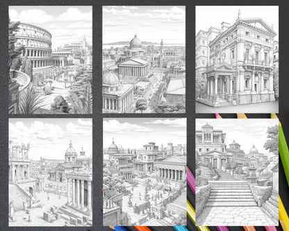 Roman Architecture Grayscale Coloring Pages Printable for Adults, PDF File Instant Download