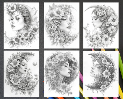 60 Boho Moon Floral Grayscale Adult Coloring Pages Printable PDF Instant Download
