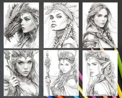 60 Fantasy Beauties Grayscale Adult Coloring Pages Printable PDF Instant Download