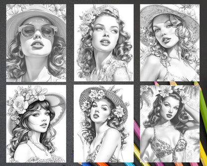 50 Vintage Spring Pin Up Girls Grayscale Adult Coloring Pages, Printable PDF Instant Download