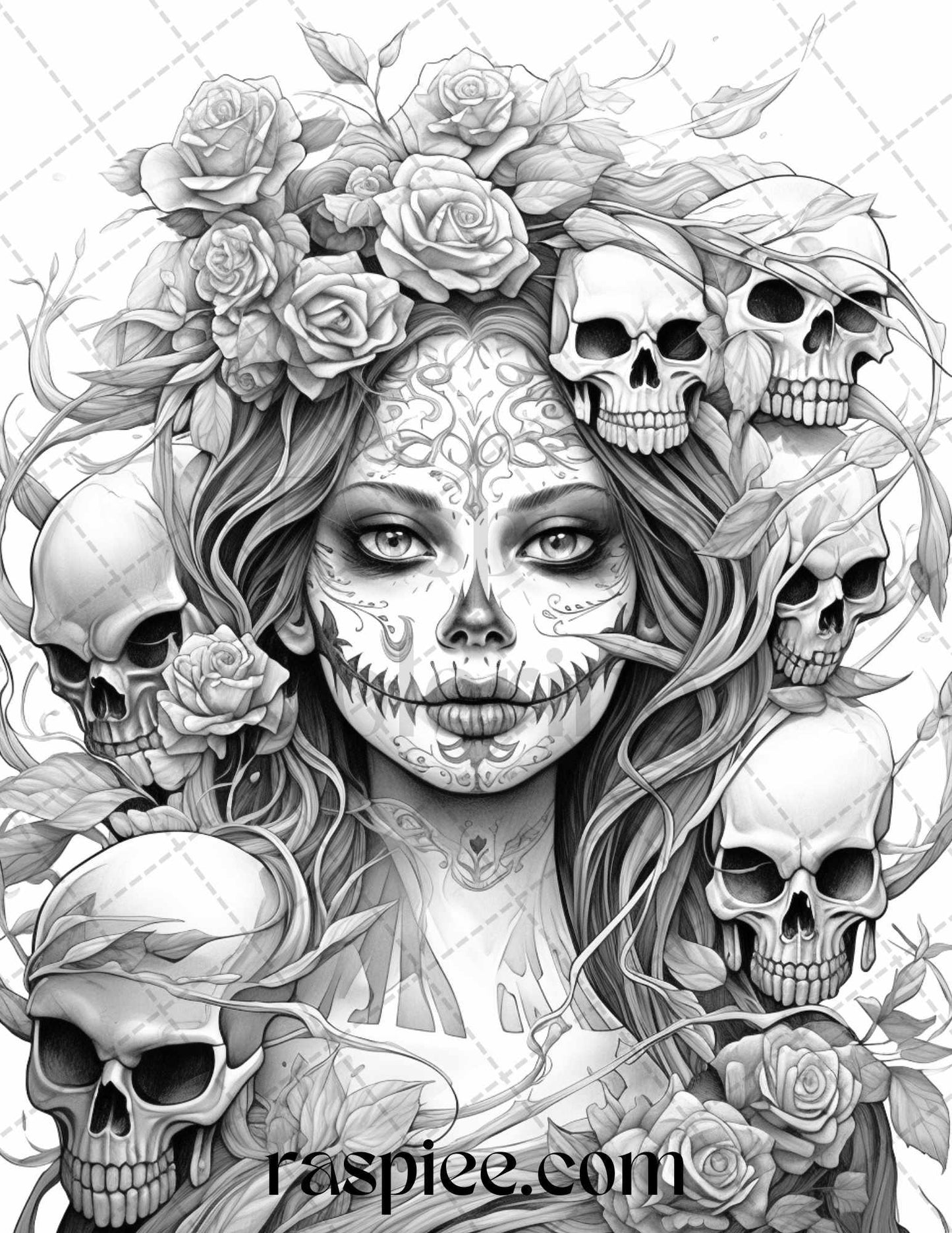 50 Day of the Dead Grayscale Coloring Pages Printable for Adults, PDF File Instant Download