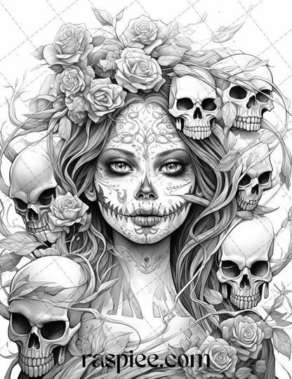50 Day of the Dead Grayscale Coloring Pages Printable for Adults, PDF File Instant Download