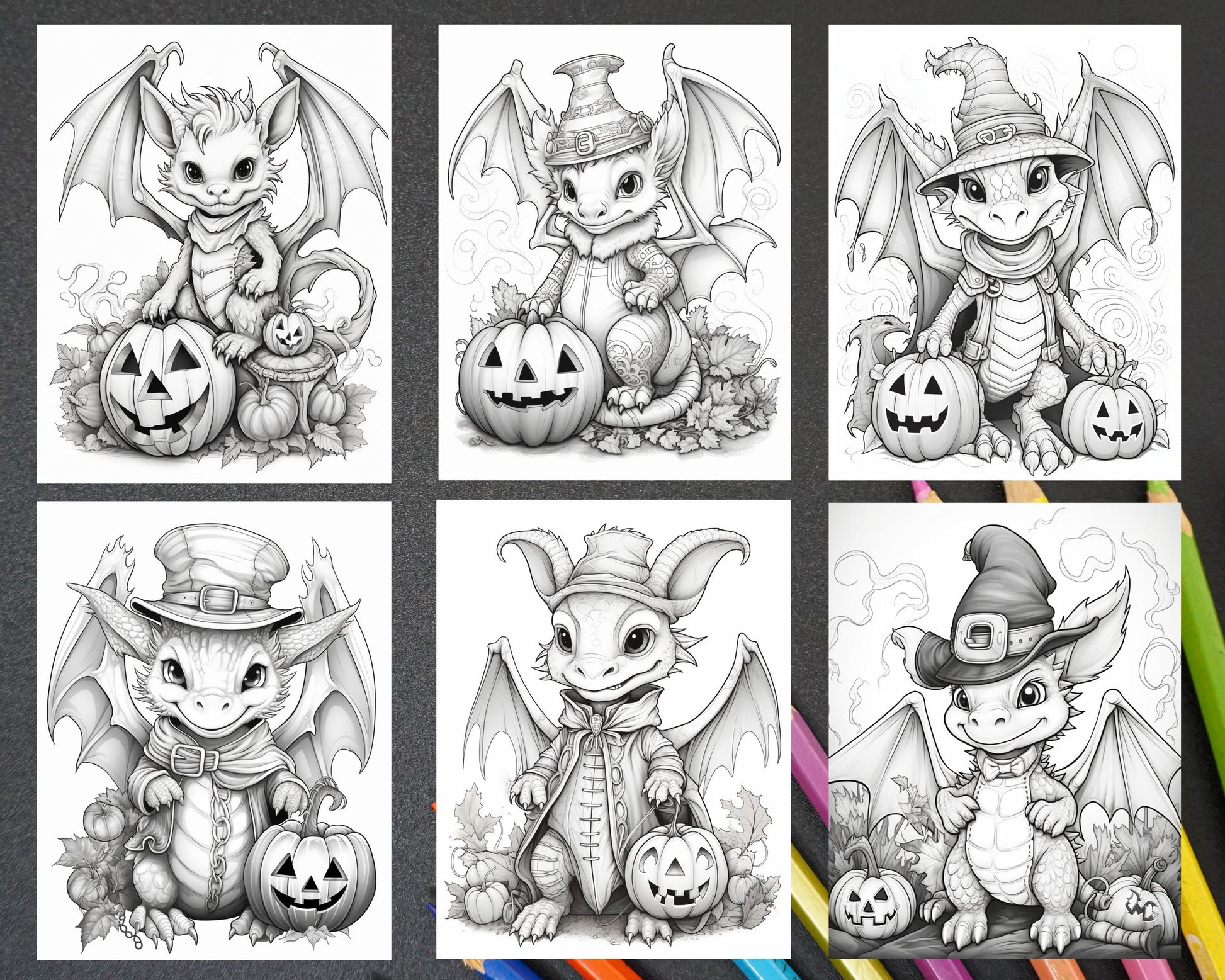 50 Cute Pumpkin Dragons Graycale Coloring Pages for Adults and Kids, Printable PDF File Instant Download