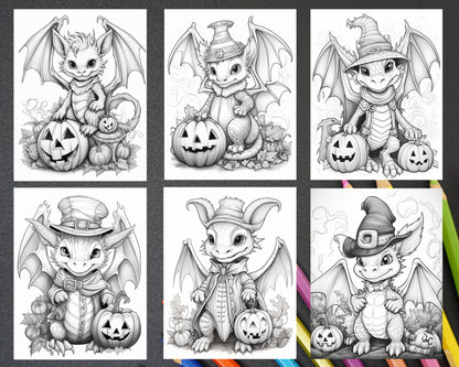 50 Cute Pumpkin Dragons Graycale Coloring Pages for Adults and Kids, Printable PDF File Instant Download