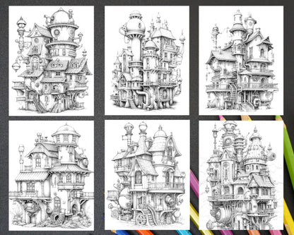 50 Steampunk Houses Grayscale Coloring Pages Printable for Adults, PDF File Instant Download
