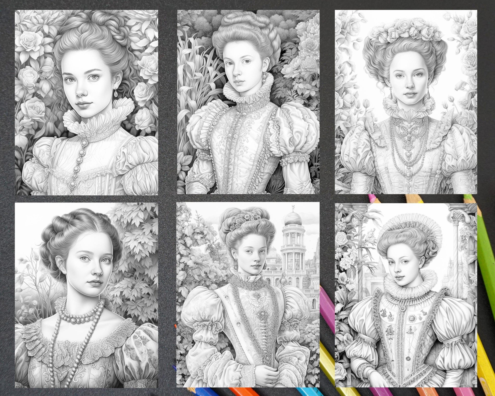 65 Elizabethan Women Portraits Grayscale Adult Coloring Pages, Printable PDF Instant Download