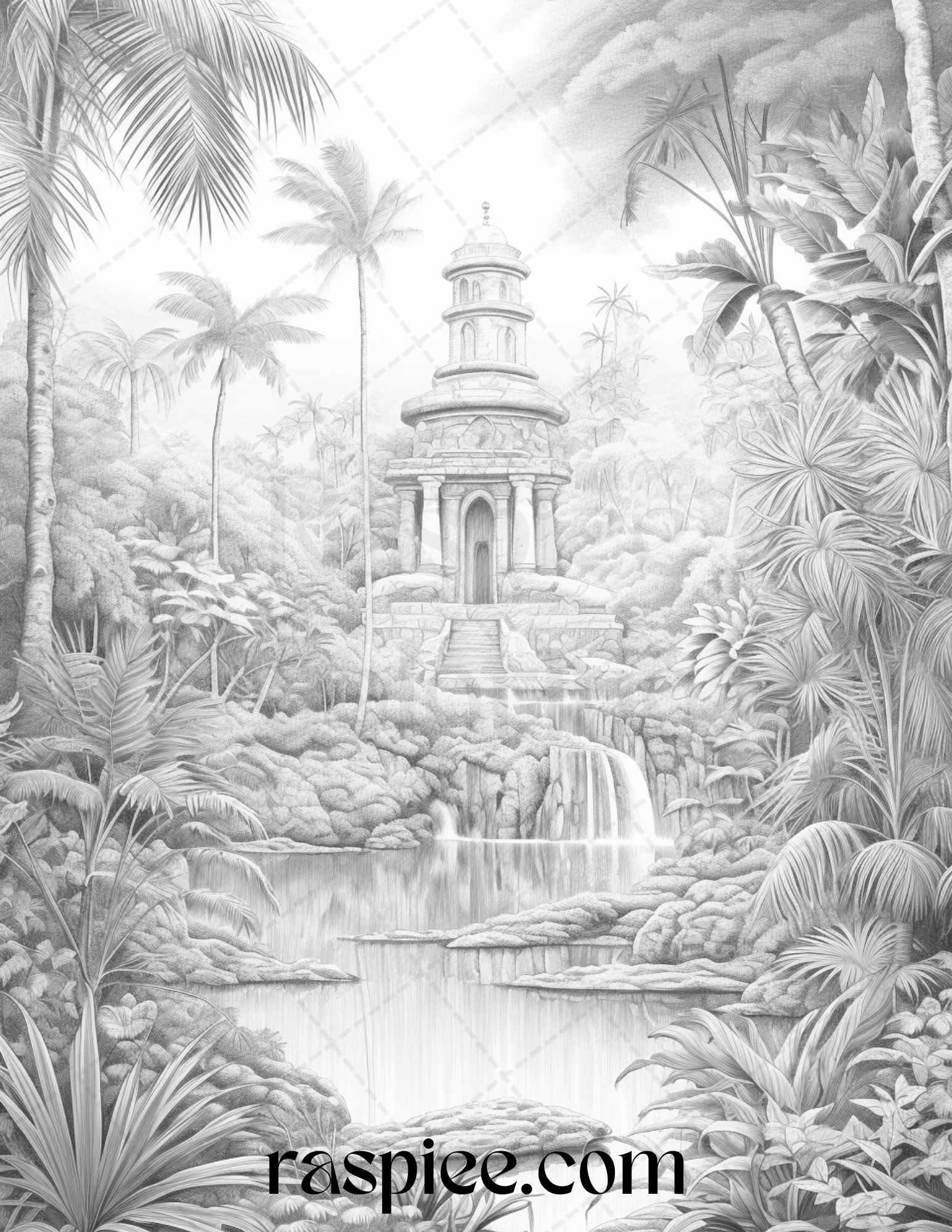 52 Tropical Oasis Grayscale Coloring Pages Printable for Adults, PDF File Instant Download