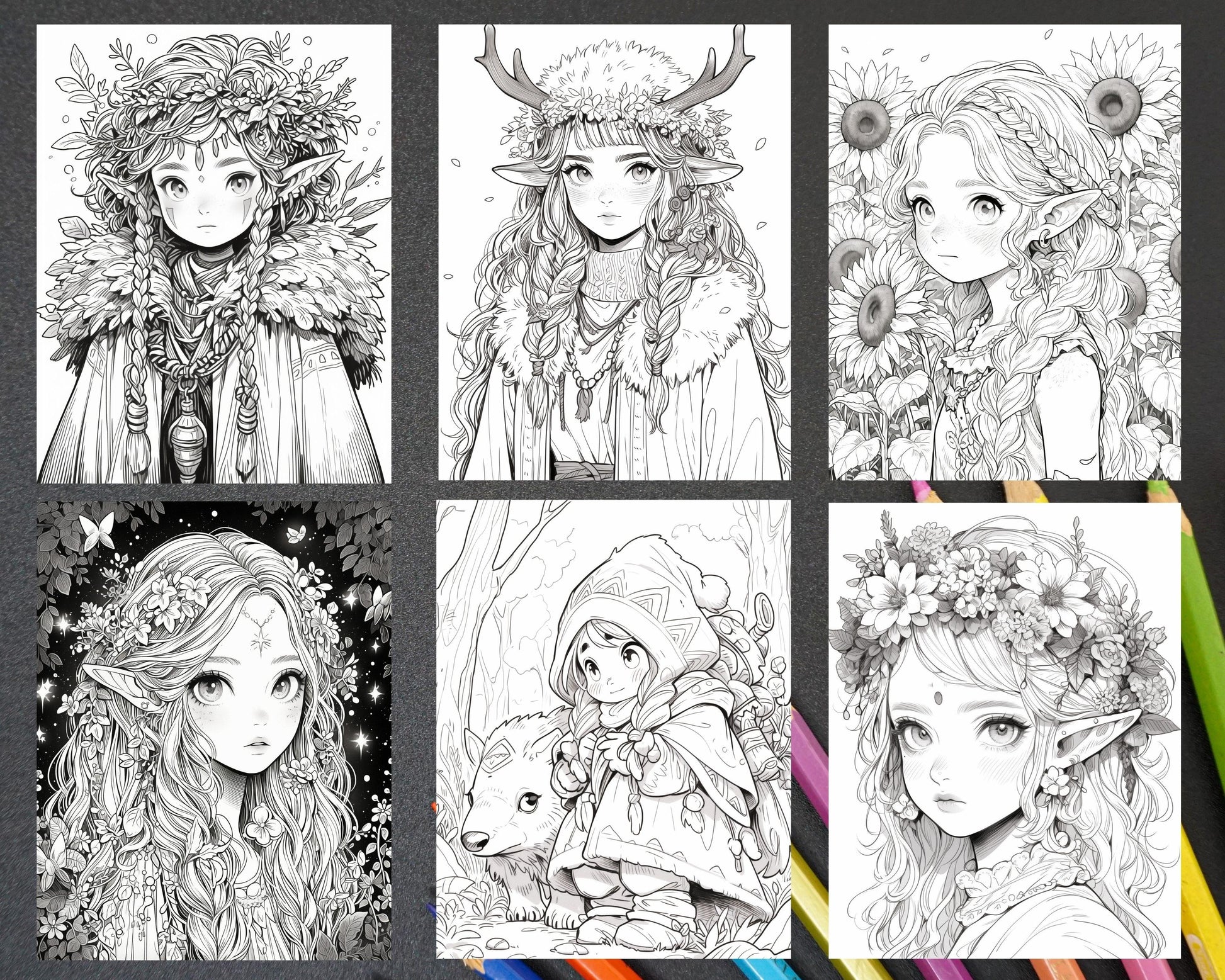 52 Cute Druid Girl Grayscale Coloring Pages for Adults, Printable PDF Instant Download