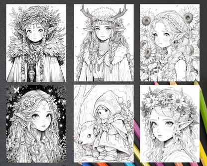 52 Cute Druid Girl Grayscale Coloring Pages for Adults, Printable PDF Instant Download