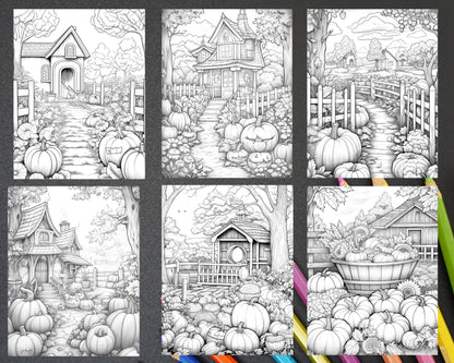 Pumpkin Garden Scenery Grayscale Coloring Pages Printable for Adults, PDF File Instant Download