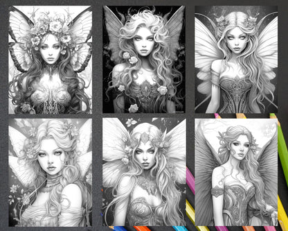 Beautiful Dark Fairy Grayscale Coloring Pages Printable for Adults, PDF File Instant Download