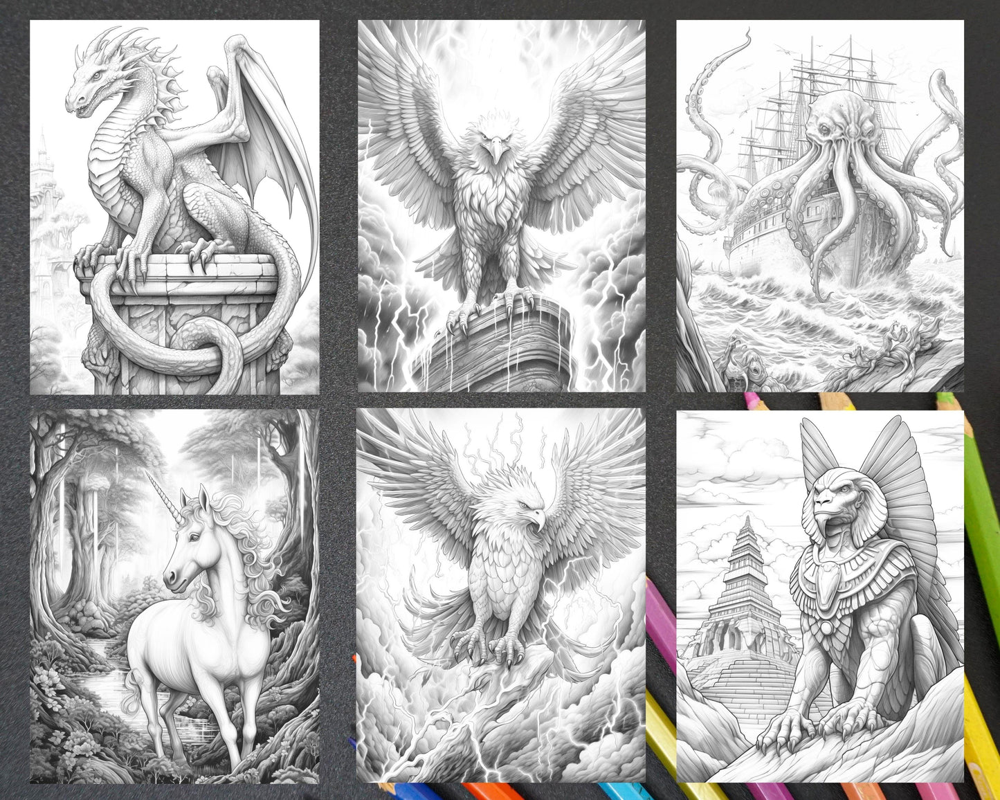60 Mythical Creatures Grayscale Coloring Pages for Adults, Printable PDF Instant Download