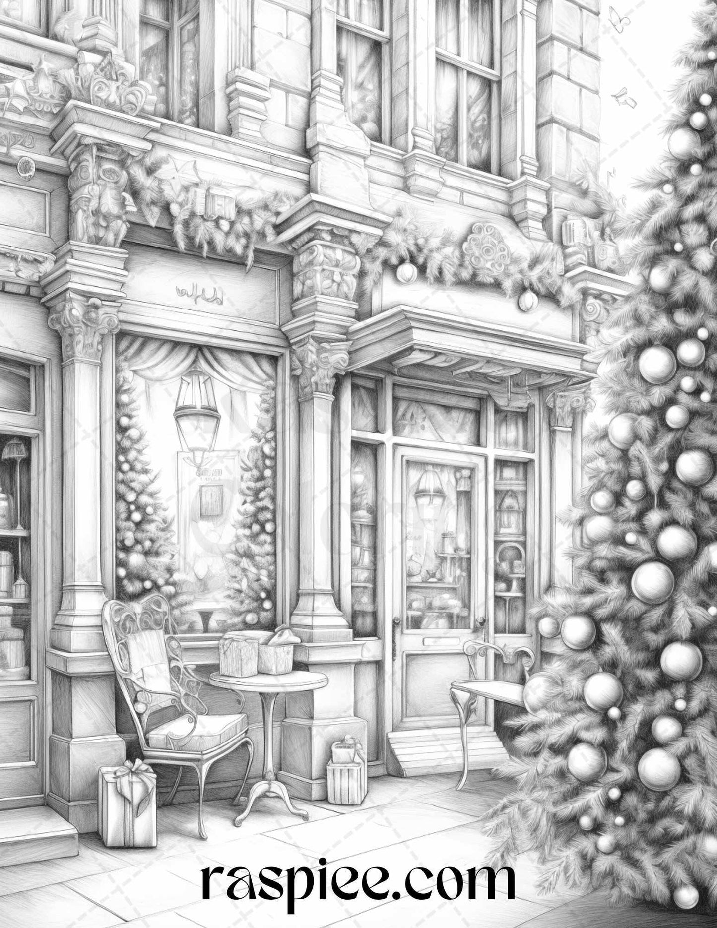 Christmas Store Front Grayscale Coloring Pages for Adults, PDF Printable Instant Download