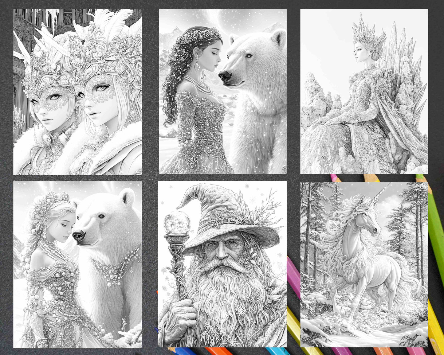 57 Winter Fairytale Portraits Adult Coloring Pages