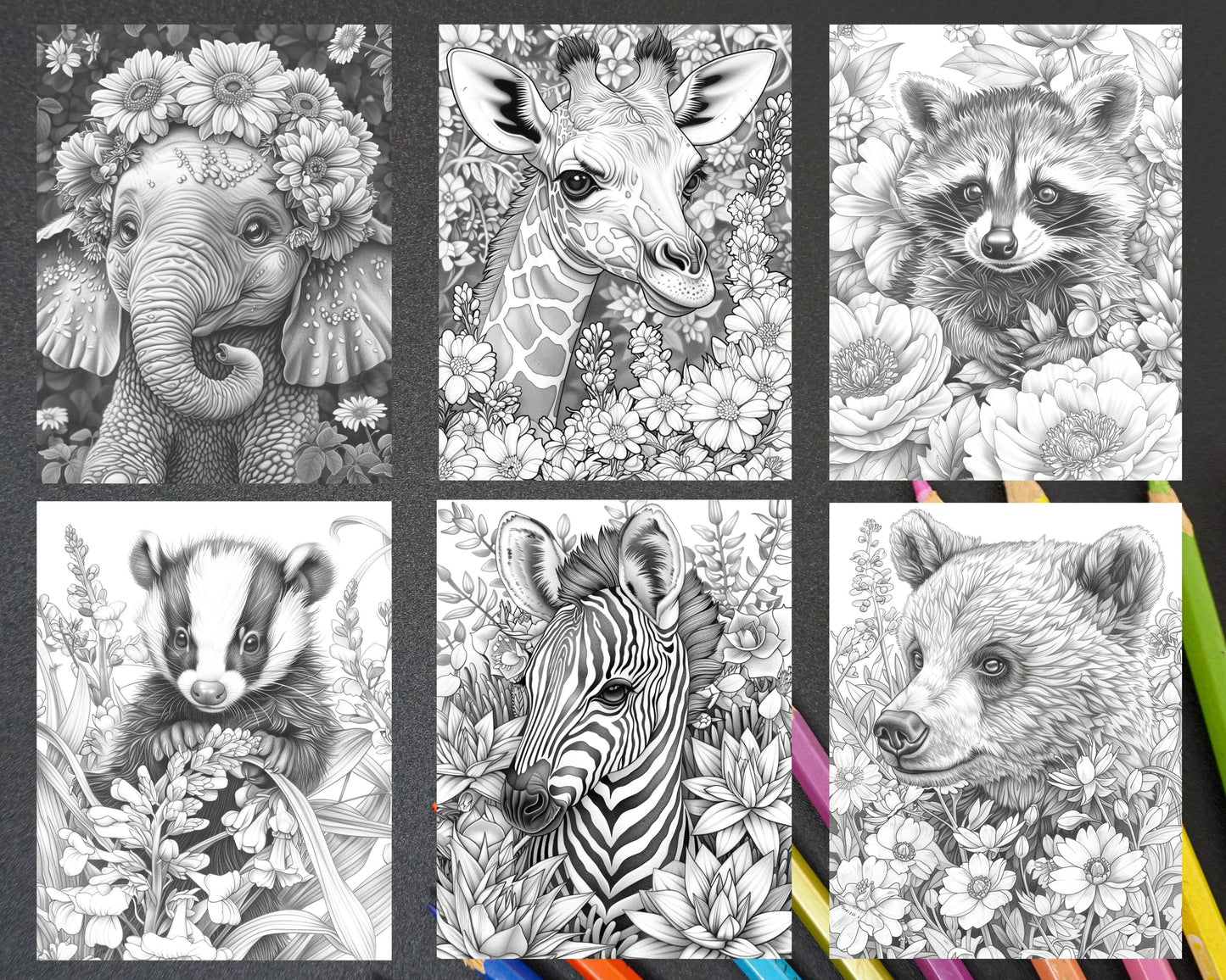 77 Baby Animals with Flowers Grayscale Adult Coloring Pages Printable PDF Instant Download