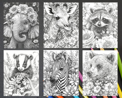 77 Baby Animals with Flowers Grayscale Adult Coloring Pages Printable PDF Instant Download