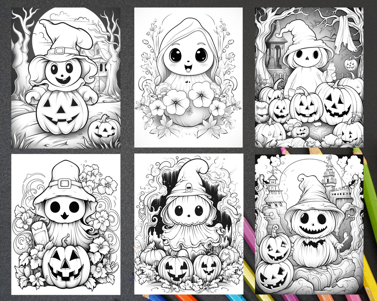 50 Halloween Cute Ghosts Grayscale Coloring Printable for Adults Kids, PDF File Instant Download