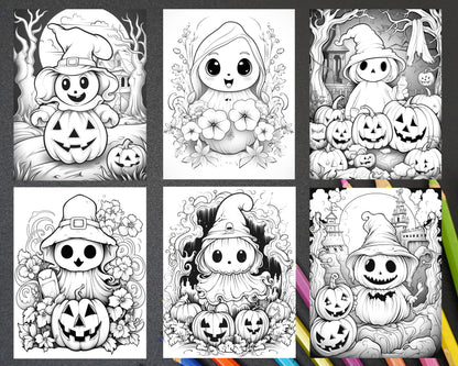50 Halloween Cute Ghosts Grayscale Coloring Printable for Adults Kids, PDF File Instant Download