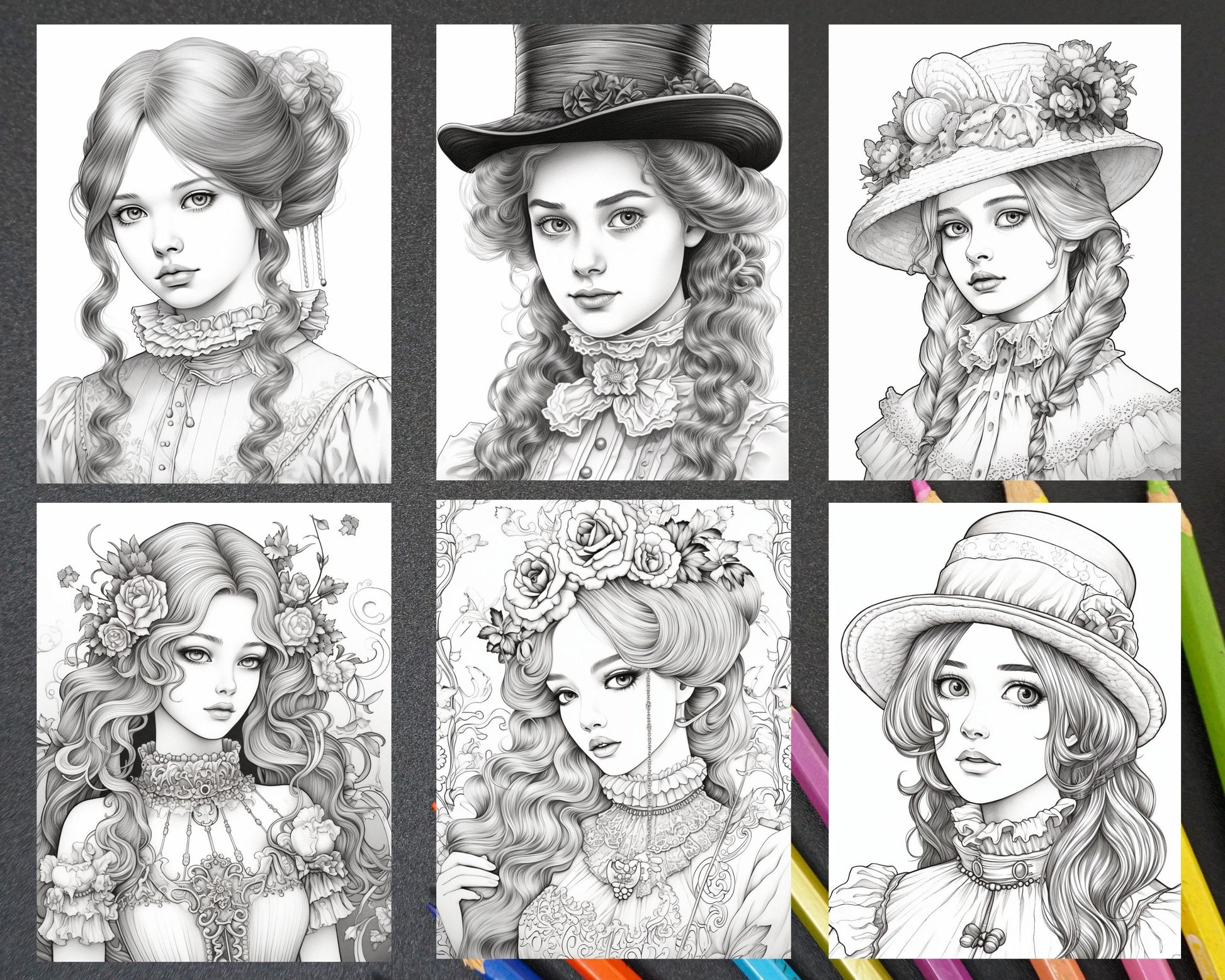 36 Beautiful Victorian Girls Coloring Pages Printable for Adults, Grayscale Coloring Page, PDF File Instant Download