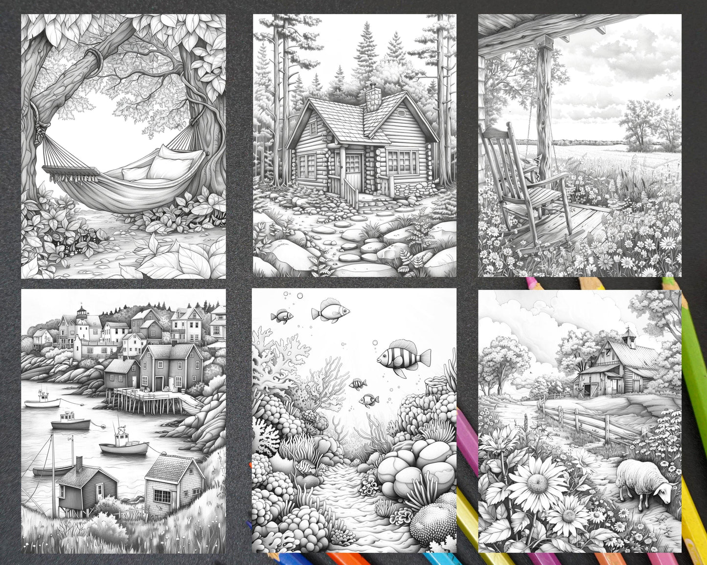 62 Relaxing Summer Grayscale Adult Coloring Pages Printable PDF Instant Download