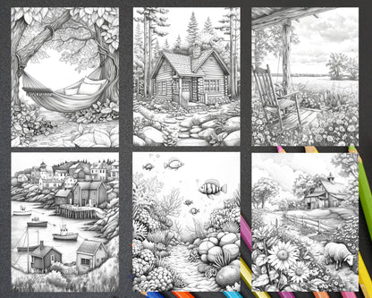 62 Relaxing Summer Grayscale Adult Coloring Pages Printable PDF Instant Download