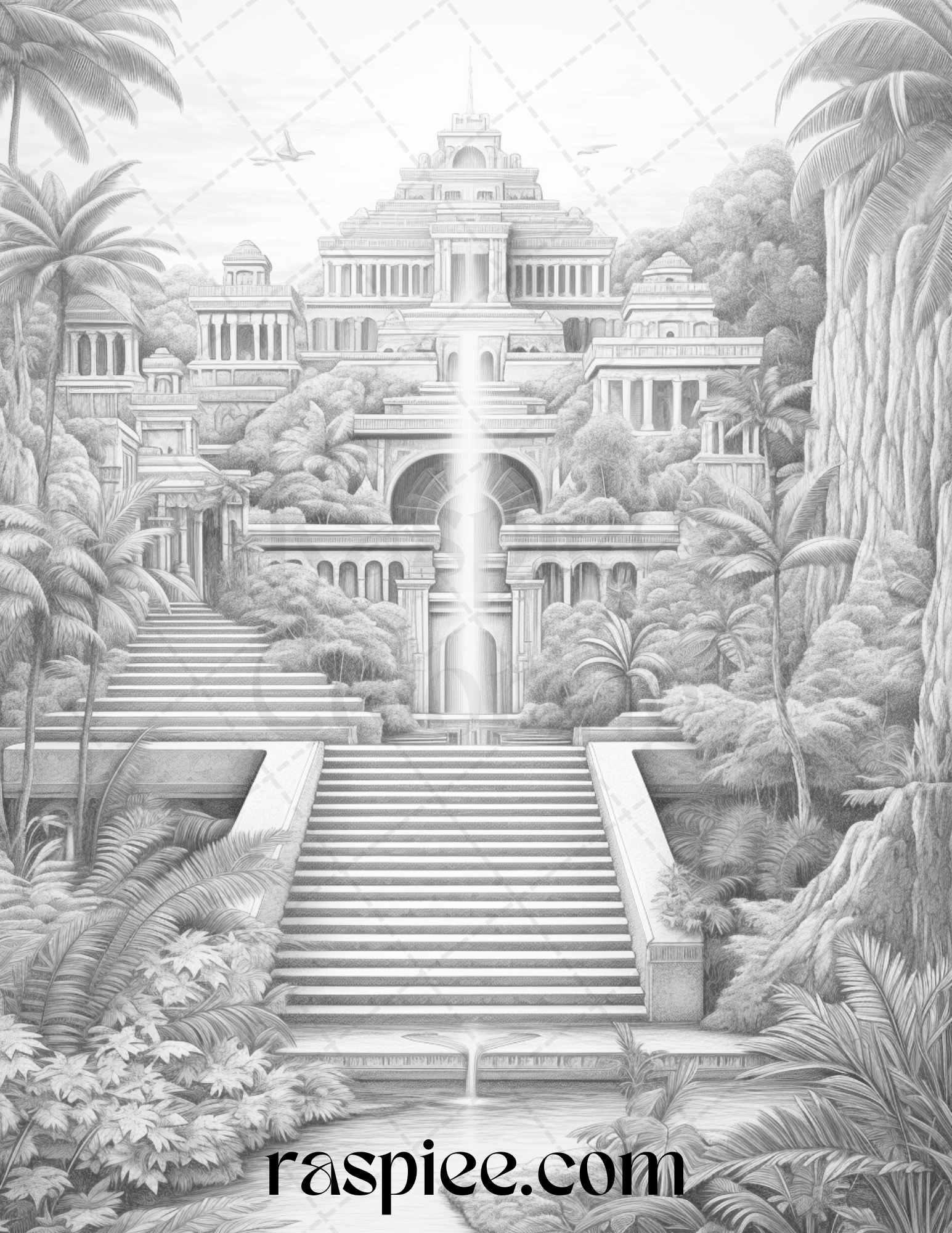 Hanging Gardens of Babylon Grayscale Coloring Pages Printable, PDF File Instant Download