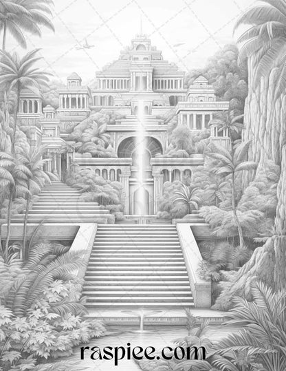 Hanging Gardens of Babylon Grayscale Coloring Pages Printable, PDF File Instant Download