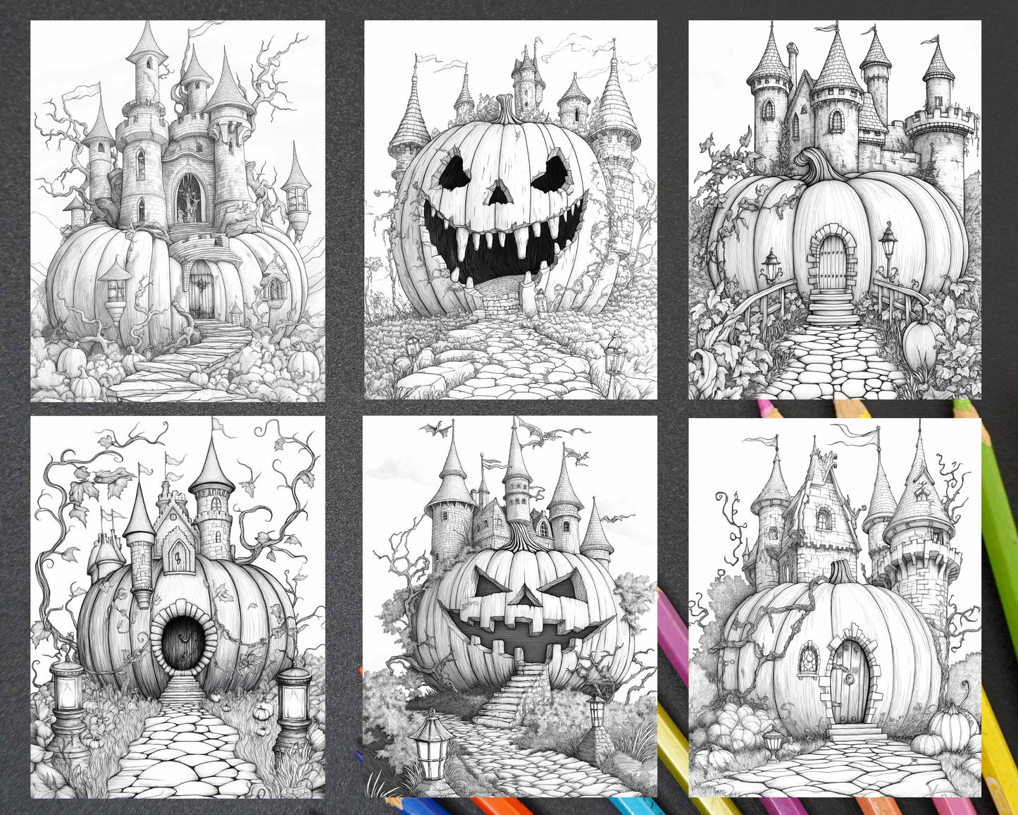 Fantasy Giant Pumpkin Castles Adult Coloring Pages Printable PDF Instant Download