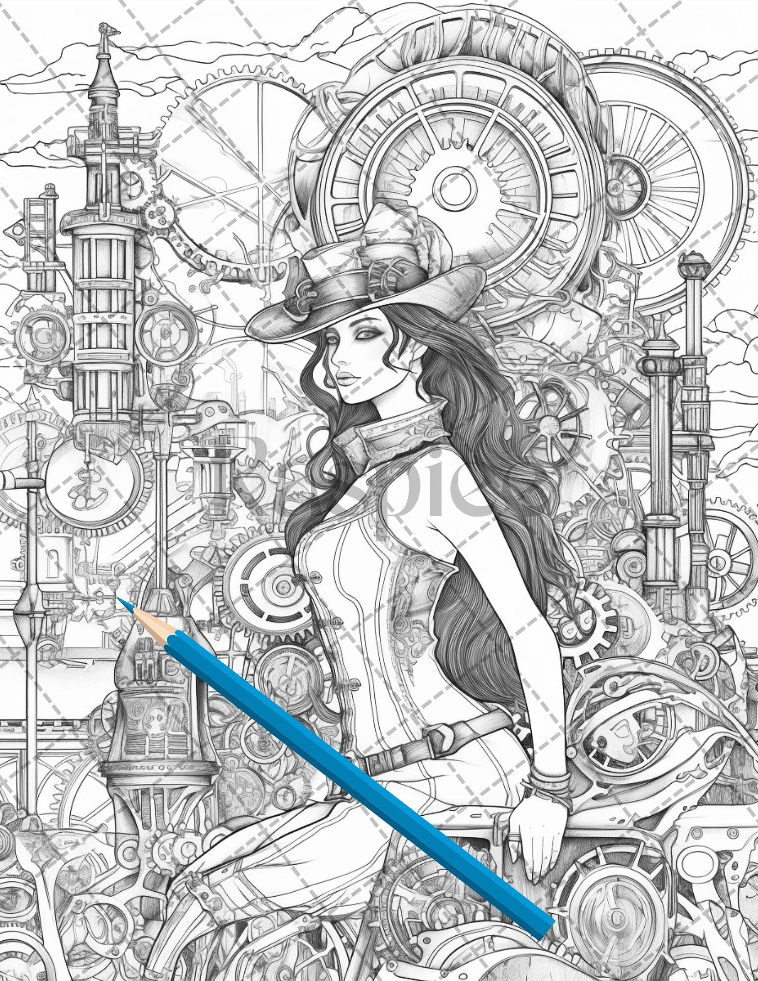 30 Steampunk Girls Coloring Pages Printable for Adults, Victorian Inspired Adult Grayscale Coloring Book, PDF File Download