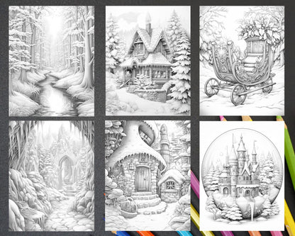 50 Winter Wonderland Grayscale Coloring Pages for Adults, Printable PDF Instant Download