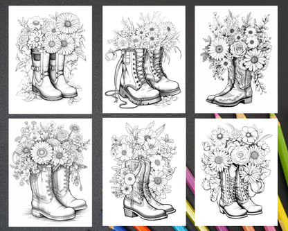 32 Flower Boots Coloring Pages Printable for Adults, Floral Grayscale Coloring Page, PDF File Instant Download