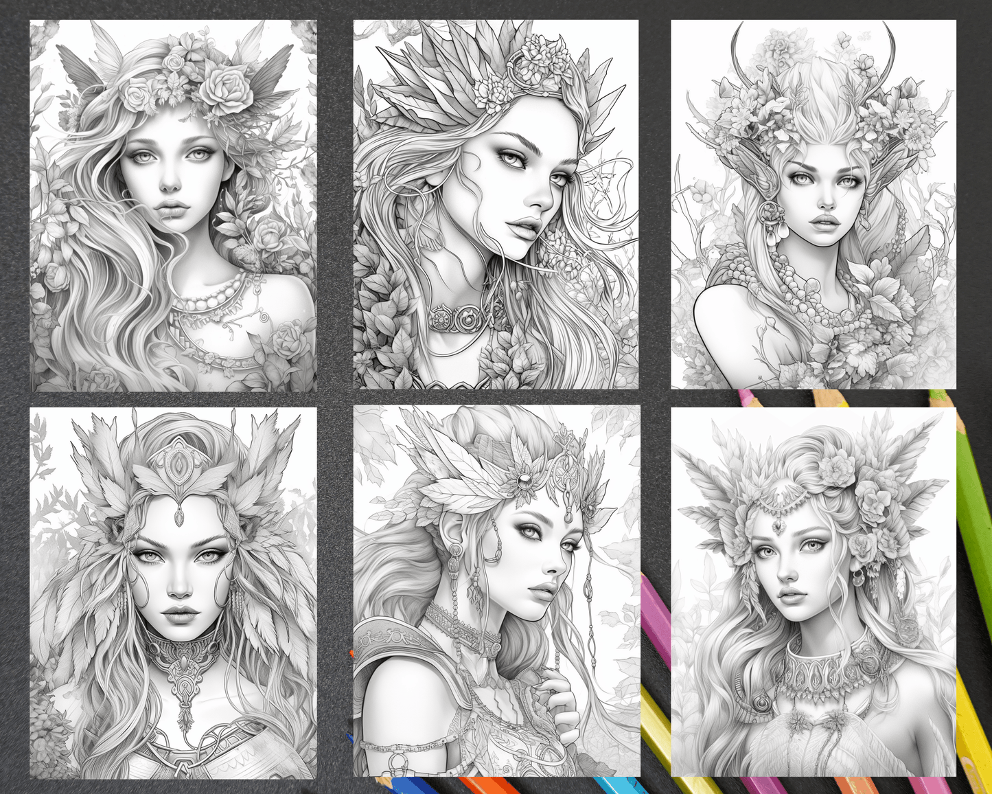 35 Beautiful Printable Elf Girls Coloring Book for Adults, Grayscale Coloring Page, PDF File Instant Download