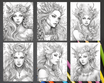 35 Beautiful Printable Elf Girls Coloring Book for Adults, Grayscale Coloring Page, PDF File Instant Download