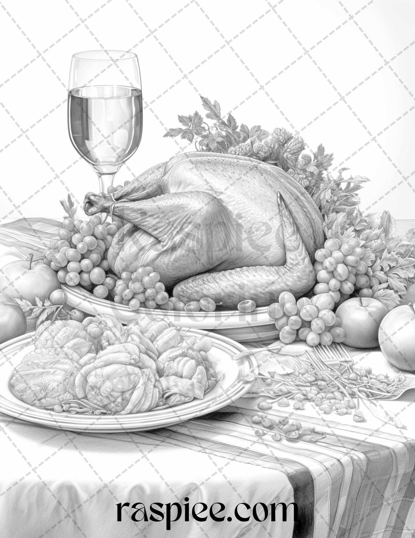 Thanksgiving Dinner Grayscale Coloring Pages for Adults, Relaxing Fall Coloring Sheets, Printable PDF File Instant Download