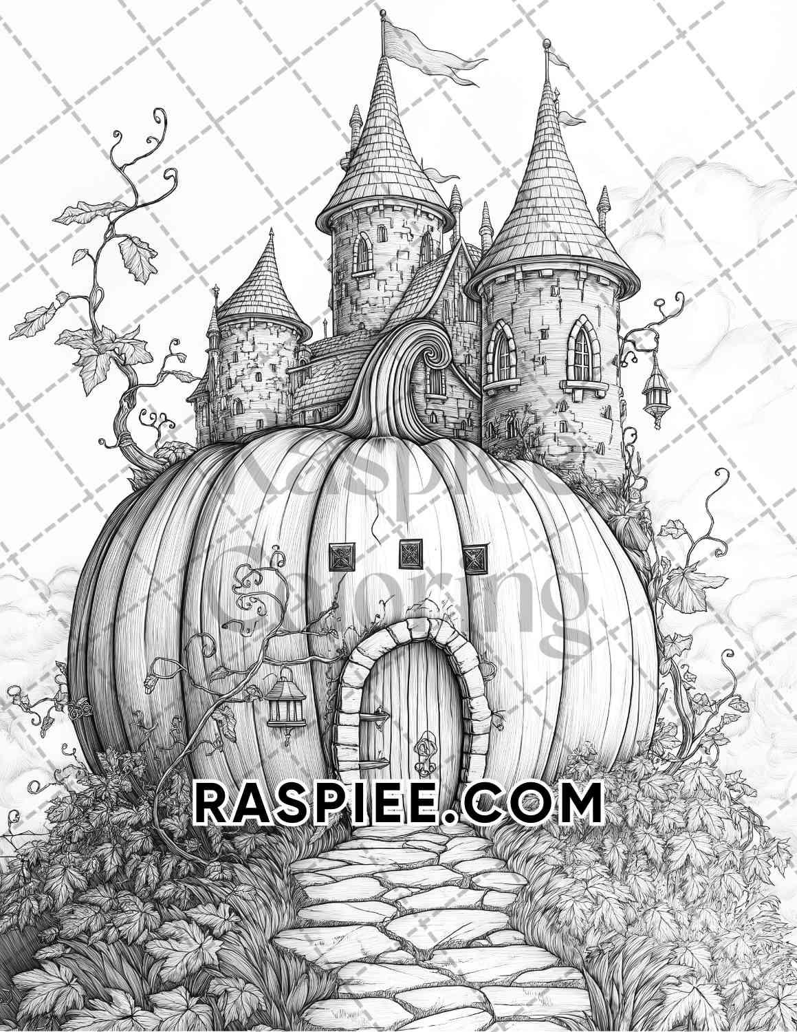 Fantasy Giant Pumpkin Castles Adult Coloring Pages Printable PDF Instant Download