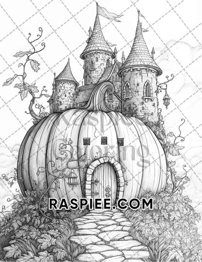 Fantasy Giant Pumpkin Castles Adult Coloring Pages Printable PDF Instant Download