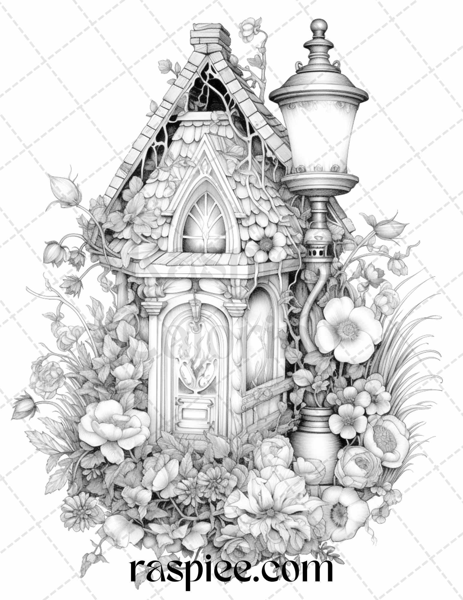 50 Lantern Fairy Houses Grayscale Coloring Pages Printable for Adults, PDF File Instant Download