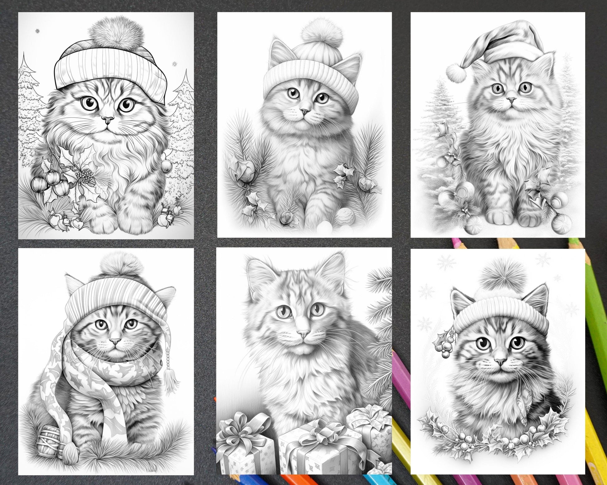40 Christmas Cats Grayscale Coloring Pages for Adults, Printable PDF Instant Download