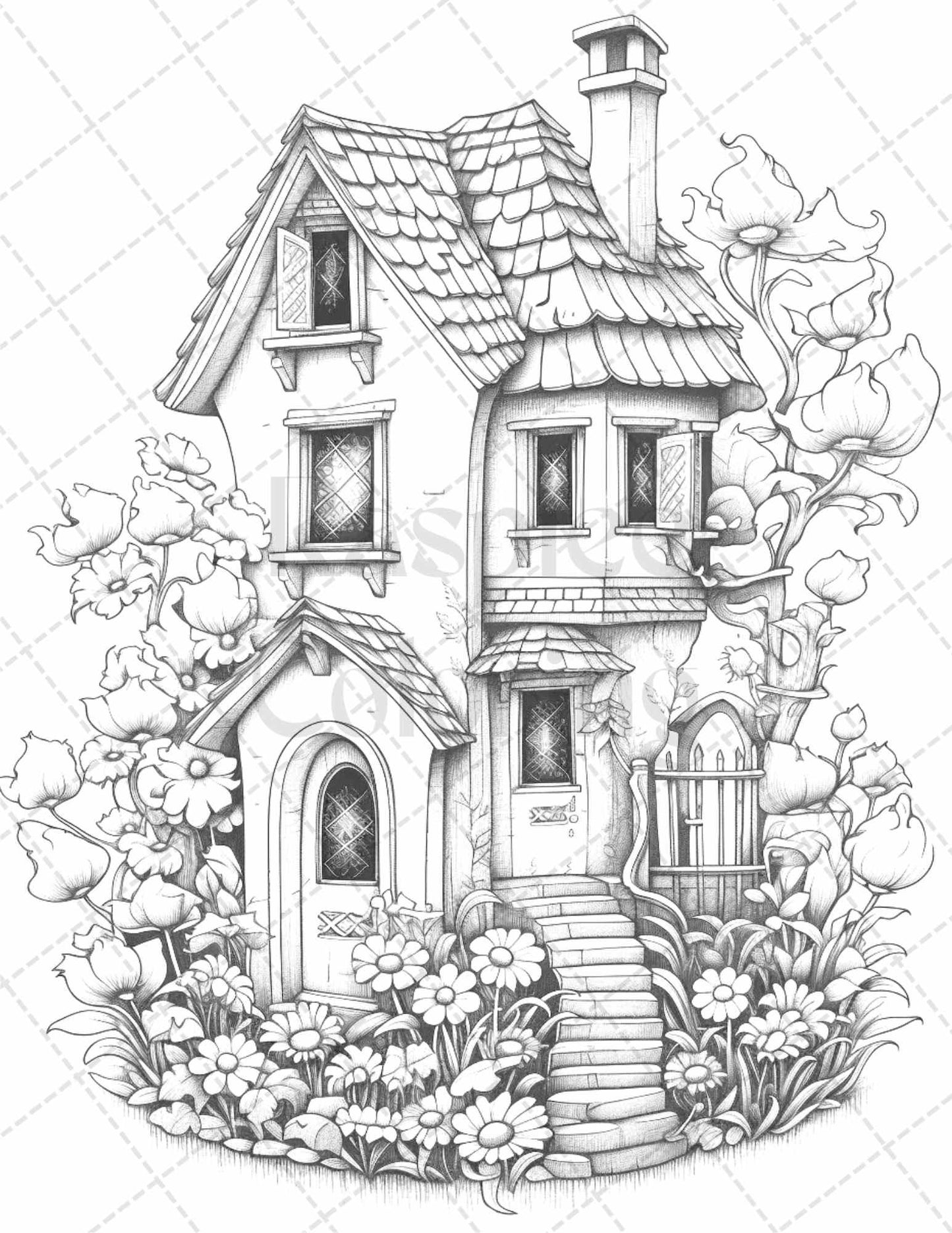60 Flower Houses Grayscale Coloring Pages Printable for Adults, PDF File Instant Download