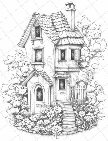 60 Flower Houses Grayscale Coloring Pages Printable for Adults, PDF File Instant Download