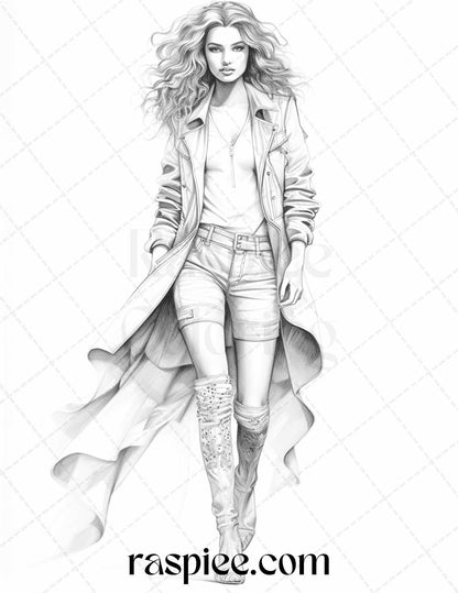 Fashion Show Grayscale Coloring Pages Printable for Adults, PDF File Instant Download