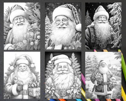 63 Christmas Santa Claus Grayscale Coloring Pages for Adults, Printable PDF Instant Download