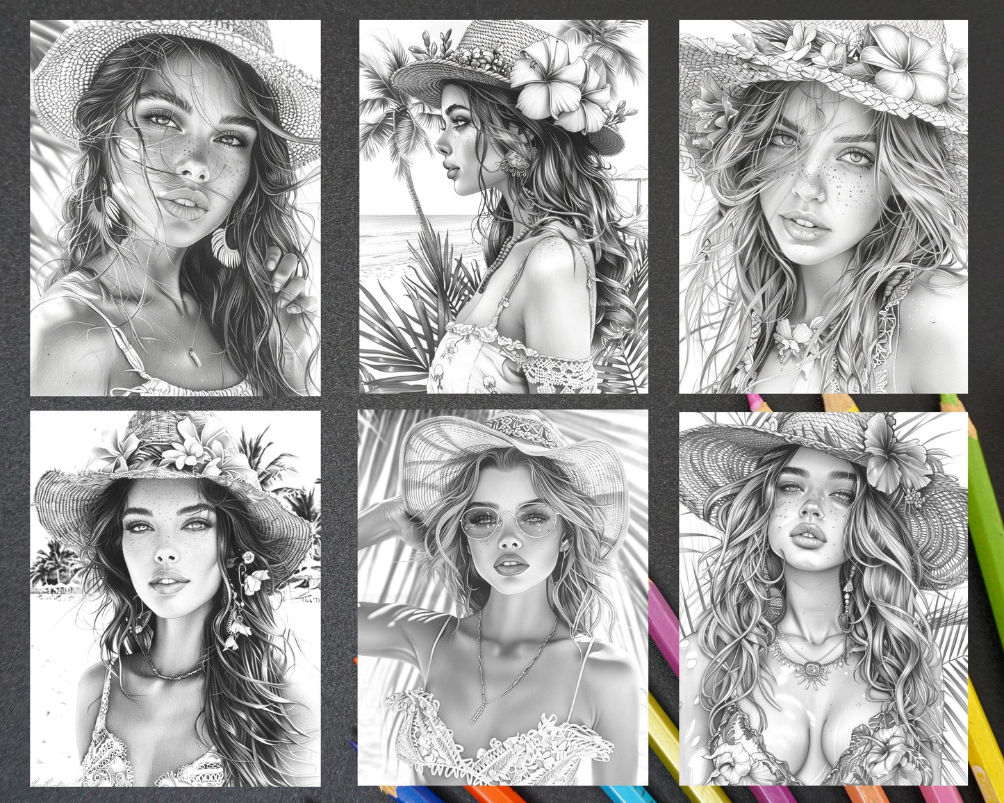70 Beautiful Tropical Girls Grayscale Adult Coloring Pages Printable PDF Instant Download