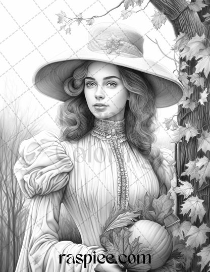 60 Victorian Autumn Portrait Grayscale Coloring Pages Printable for Adults, PDF File Instant Download