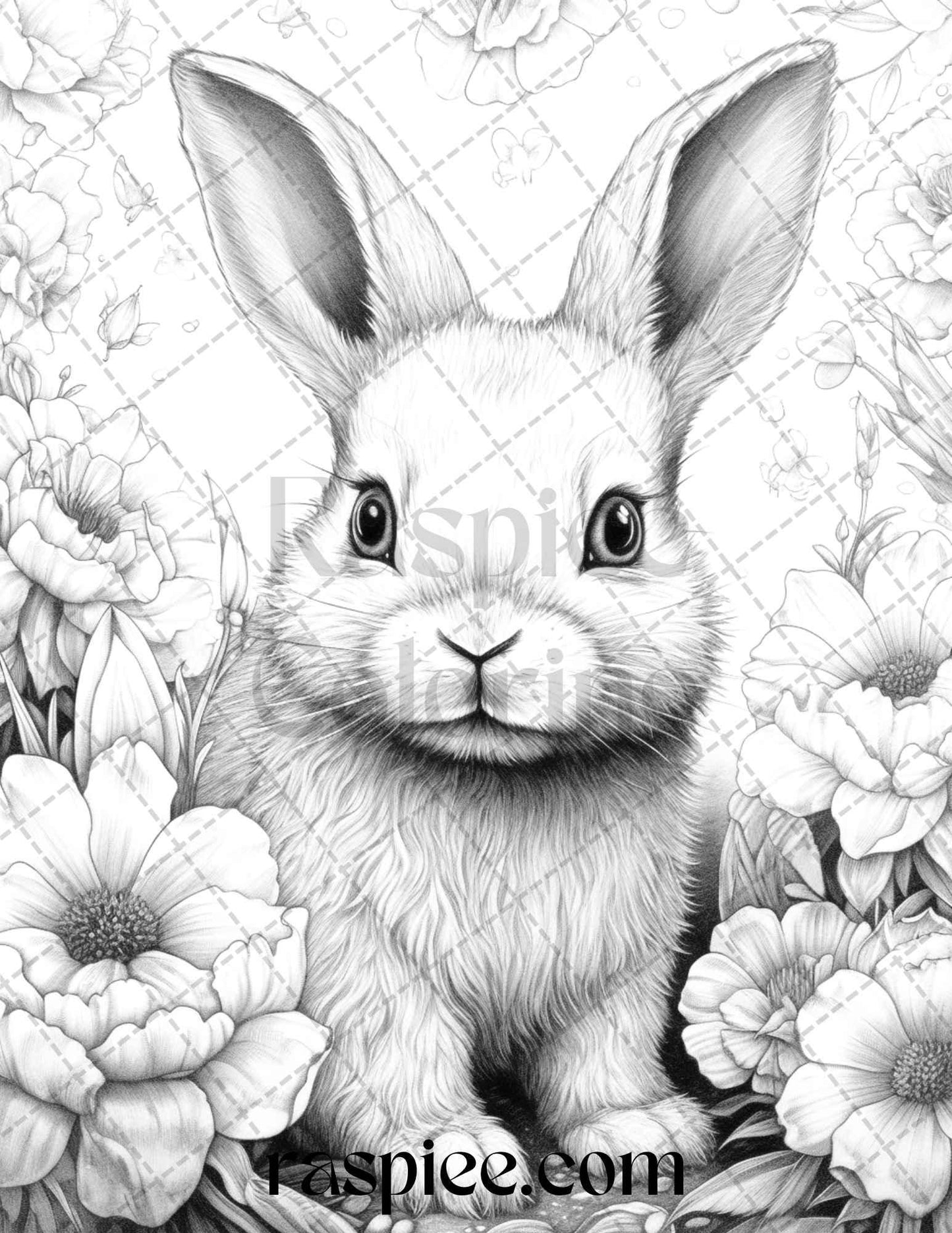 50 Rabbit Garden Grayscale Coloring Pages Printable for Adults, PDF File Instant Download