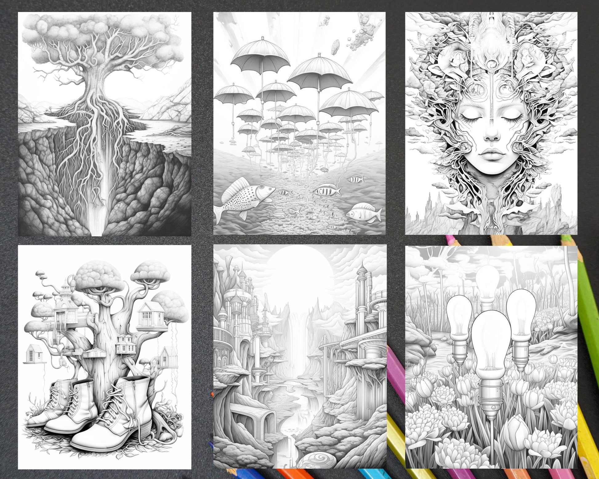 60 Enchanting Surrealism Grayscale Coloring Pages Printable for Adults, PDF File Instant Download